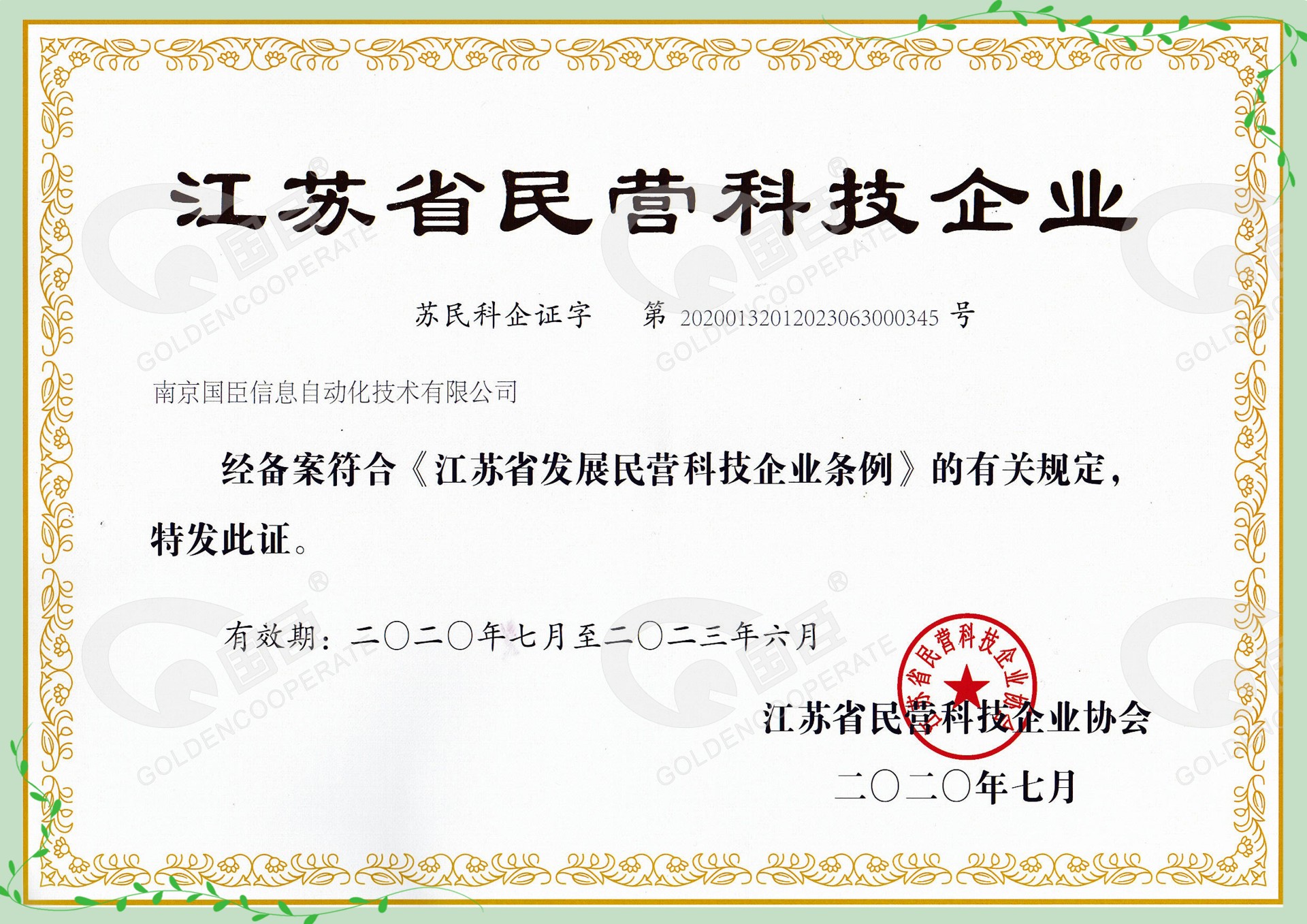 江蘇省民營(yíng)科技企業(yè)-國臣信息